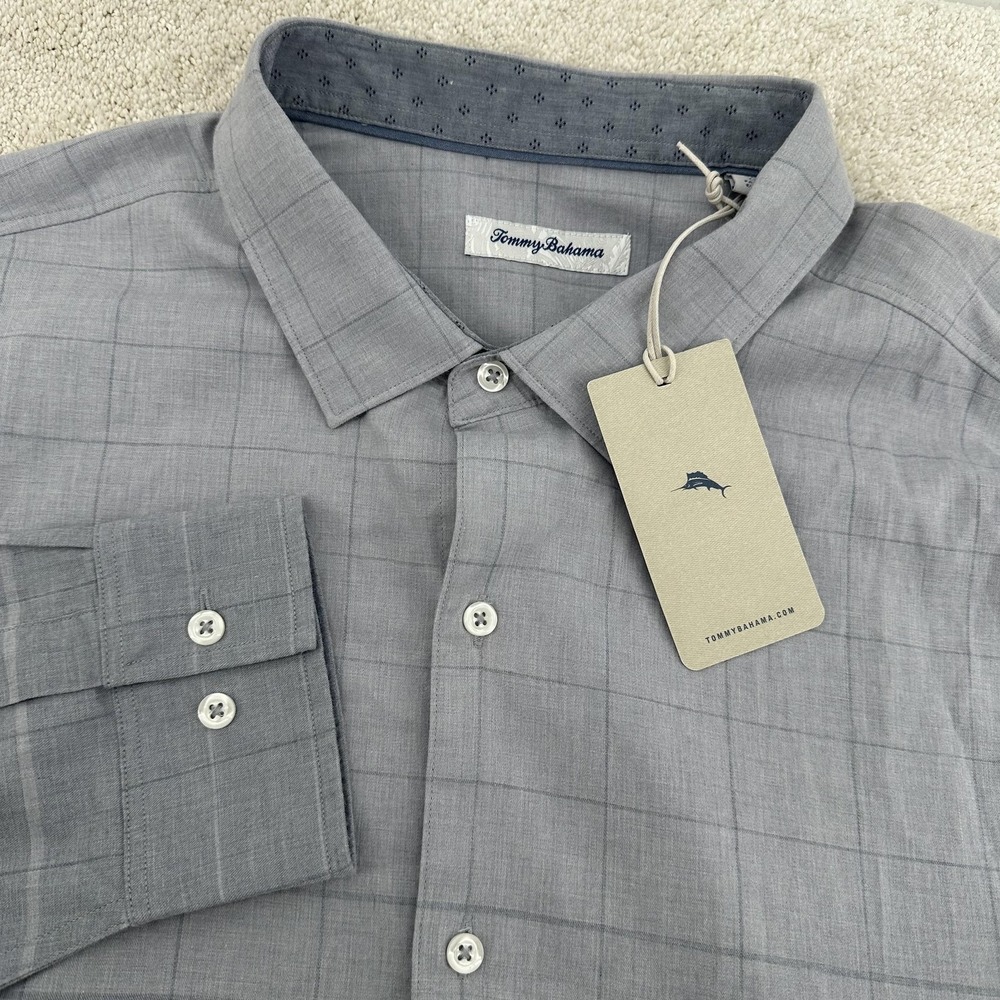 Tommy Bahama Button Down Shirt Mens XXL 2XL Gray Windowpane Plaid L/S NWT $138